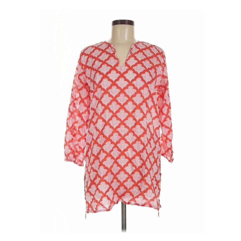 Roberta Roller Rabbit Tunic Women Medium Coral Geometric Fan Cotton V-Neck Top